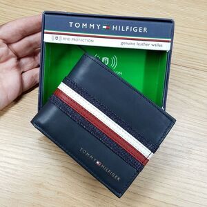 TOMMY HILFIGER Mens Blue Leather Wallet Denim Trim Bifold RFID Flag Logo